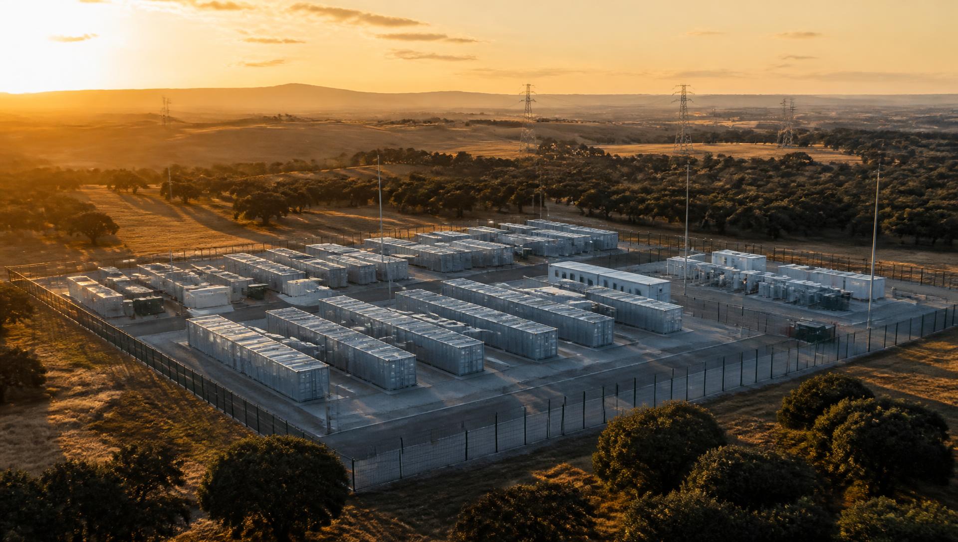 Instalação de armazenamento de energia em escala utility integrada a uma paisagem alentejana ao pôr do sol. Imagem ilustrativa de conceito institucional.